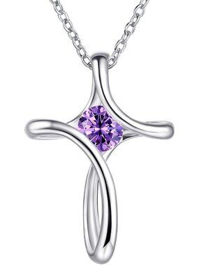 Women's Purple Diamond Sideways Sterling Silver Birthstone Cross Chain Necklace